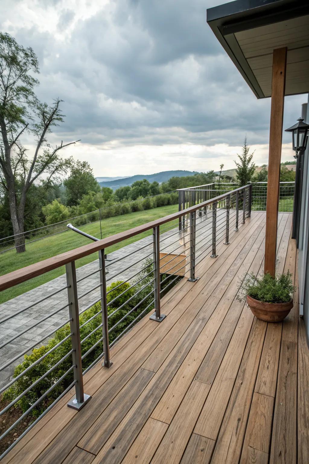 A blend of rustic and modern elements creates a striking contrast.