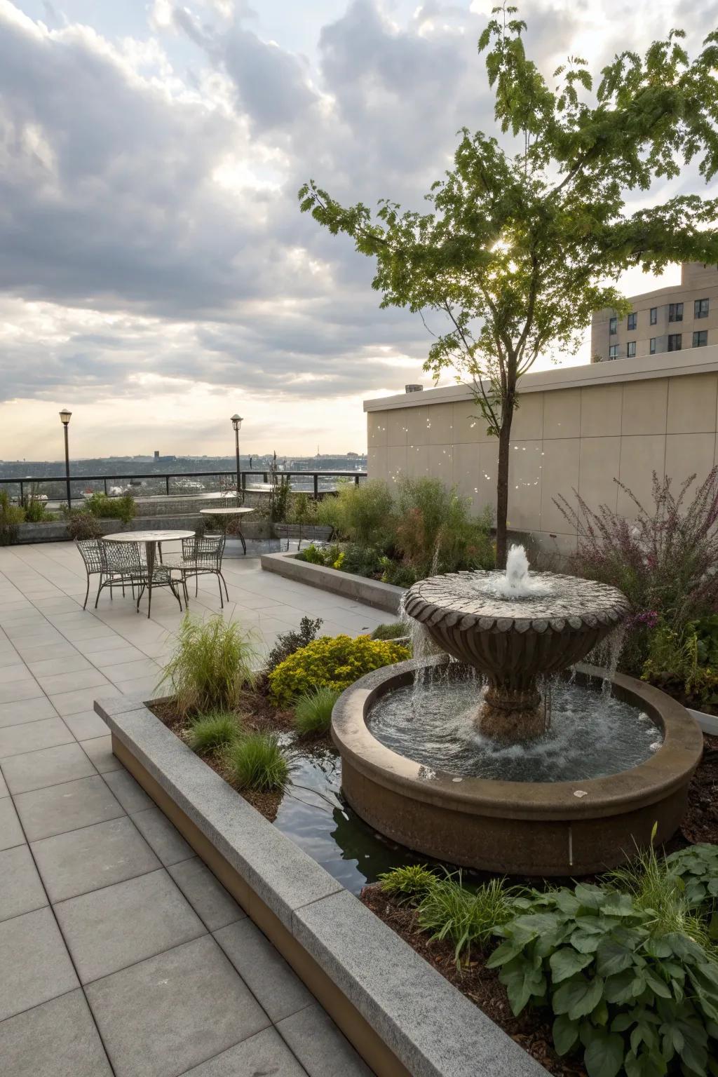 A compact disappearing fountain fits perfectly on a small urban patio.