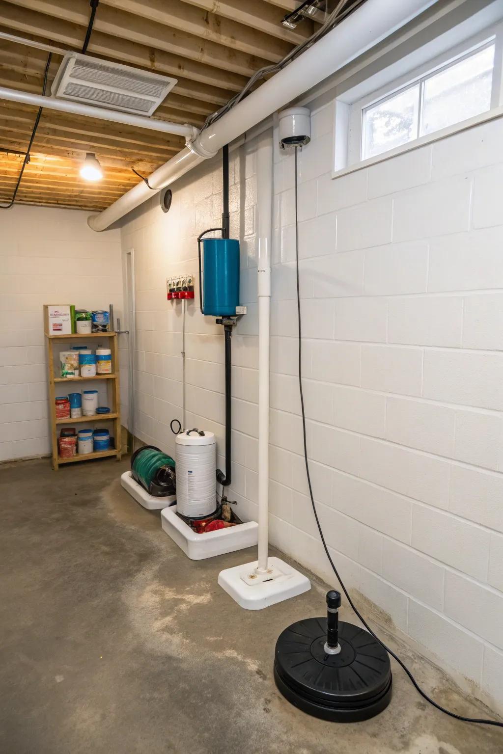 A sump pump ensures this basement stays dry, even in heavy rains.