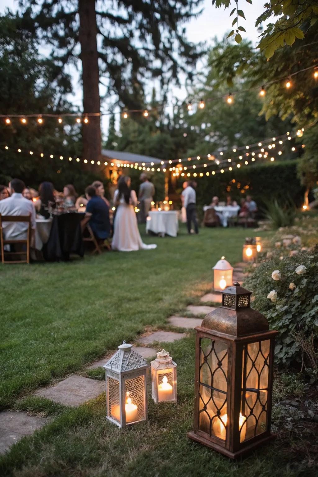 Vintage lanterns provide a warm and inviting ambiance.
