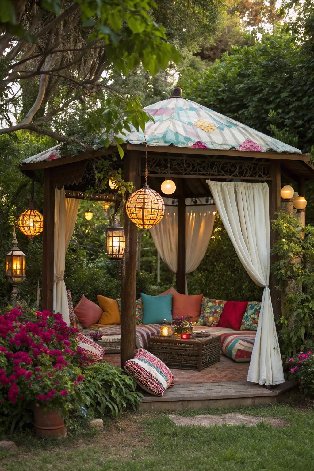 A bohemian gazebo filled with vibrant colors and textures.