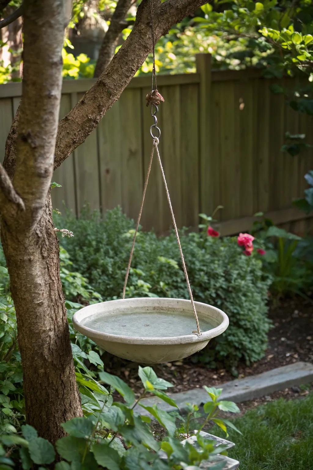 A hanging bowl birdbath offers a space-saving solution for small gardens.