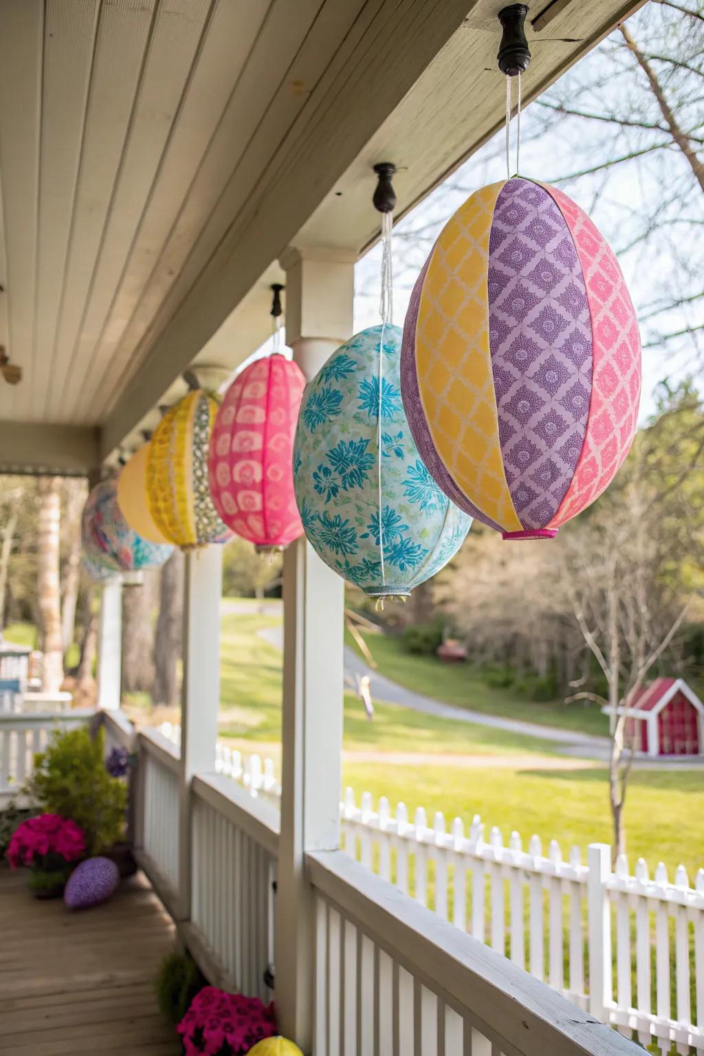 Hanging fabric Easter eggs create a whimsical effect.