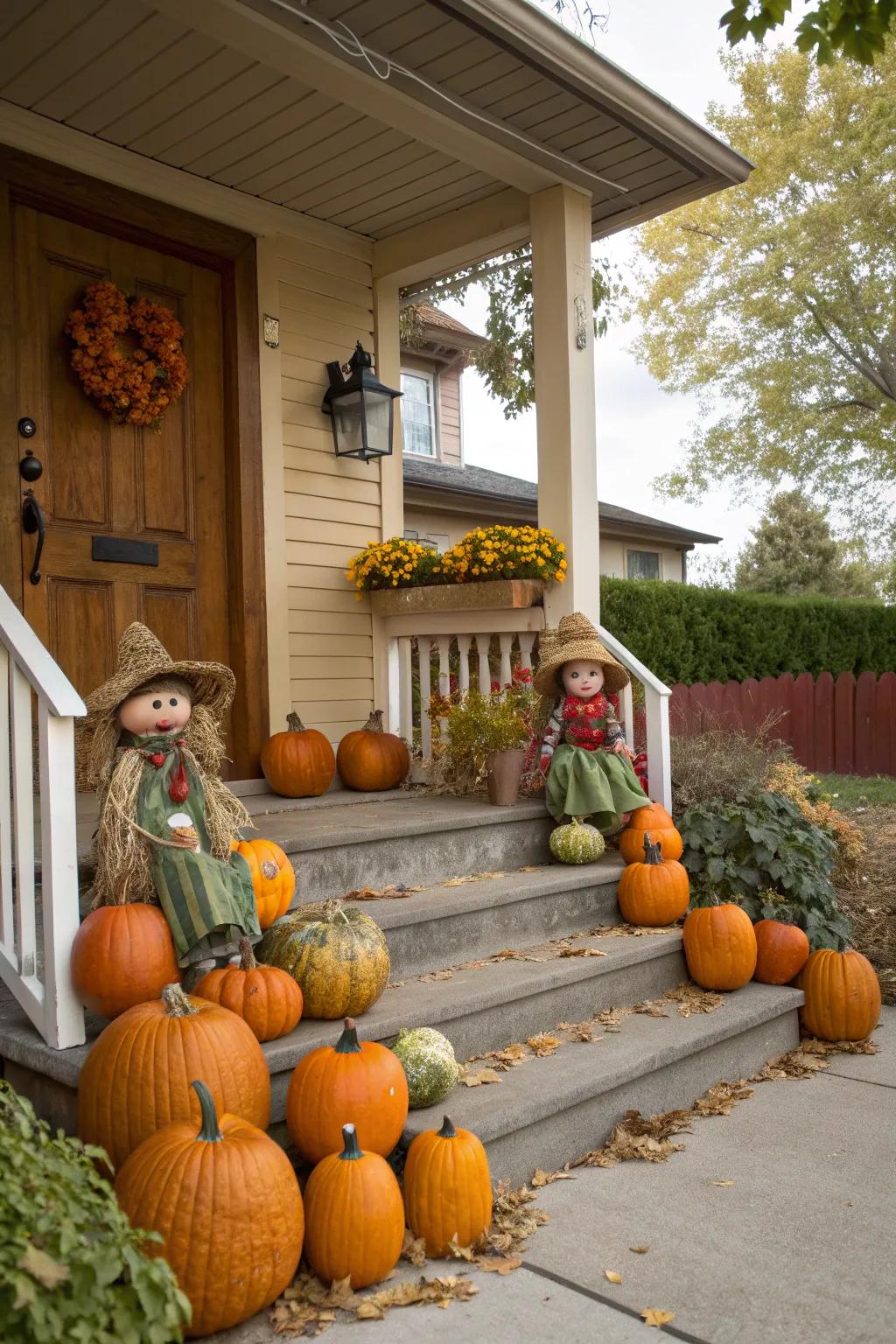 Whimsical scarecrows add charm to the porch.