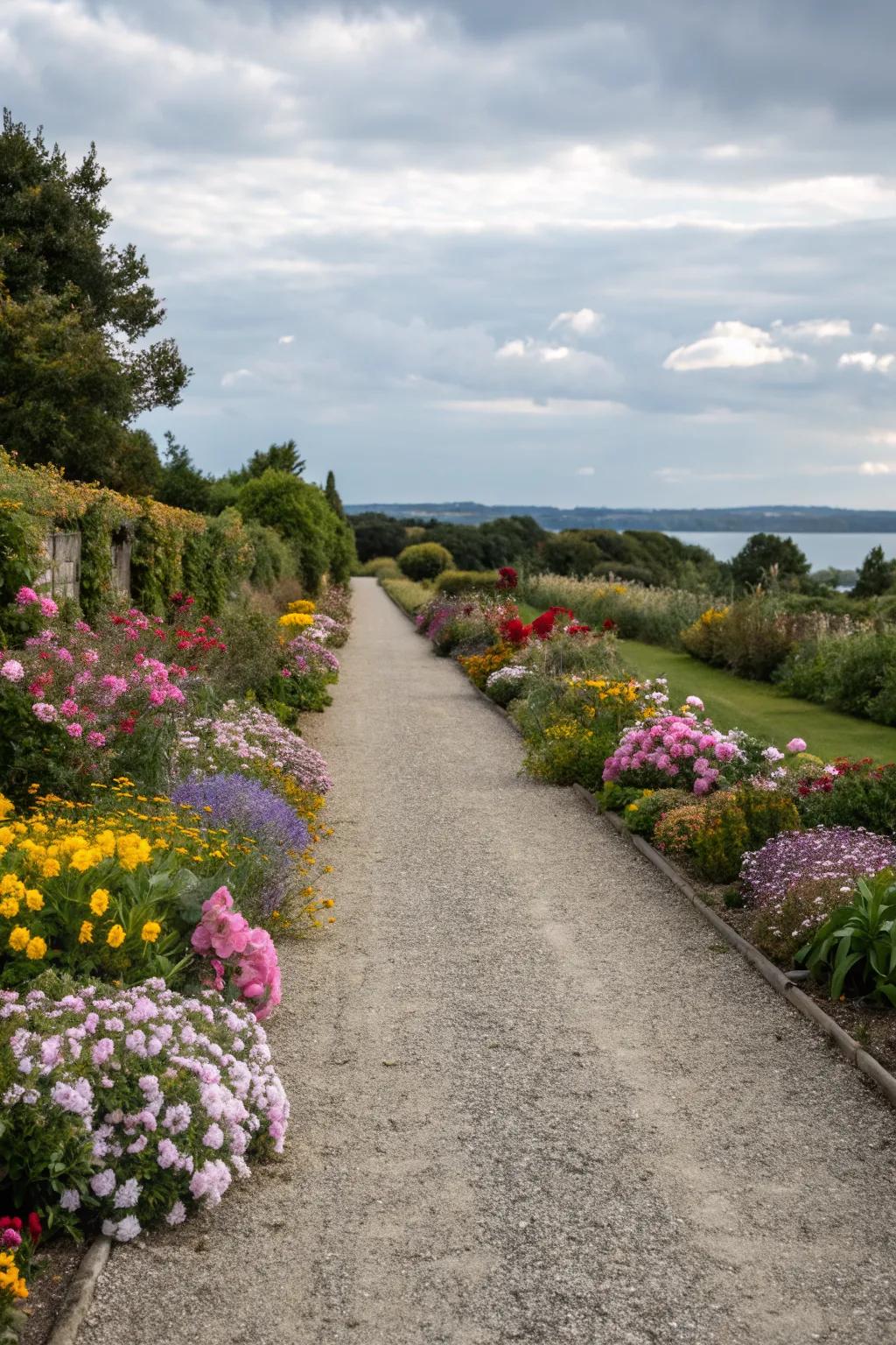 Flower borders provide a colorful touch to gravel driveways.