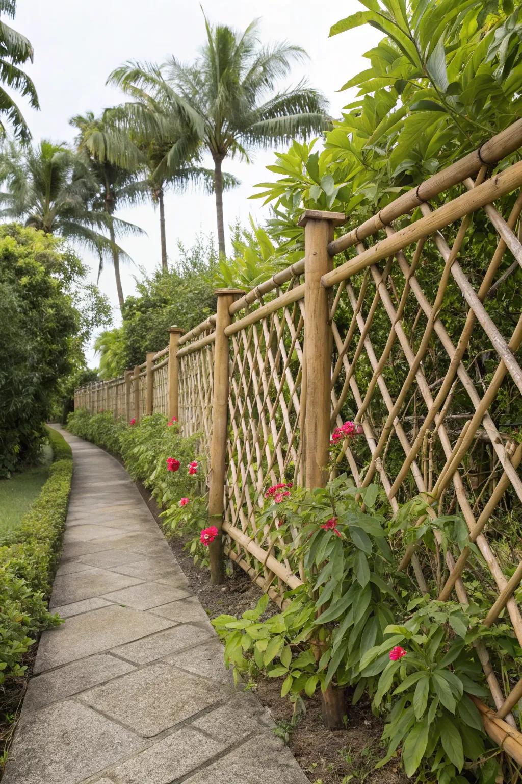 Bring an exotic touch to your garden with a bamboo lattice fence.