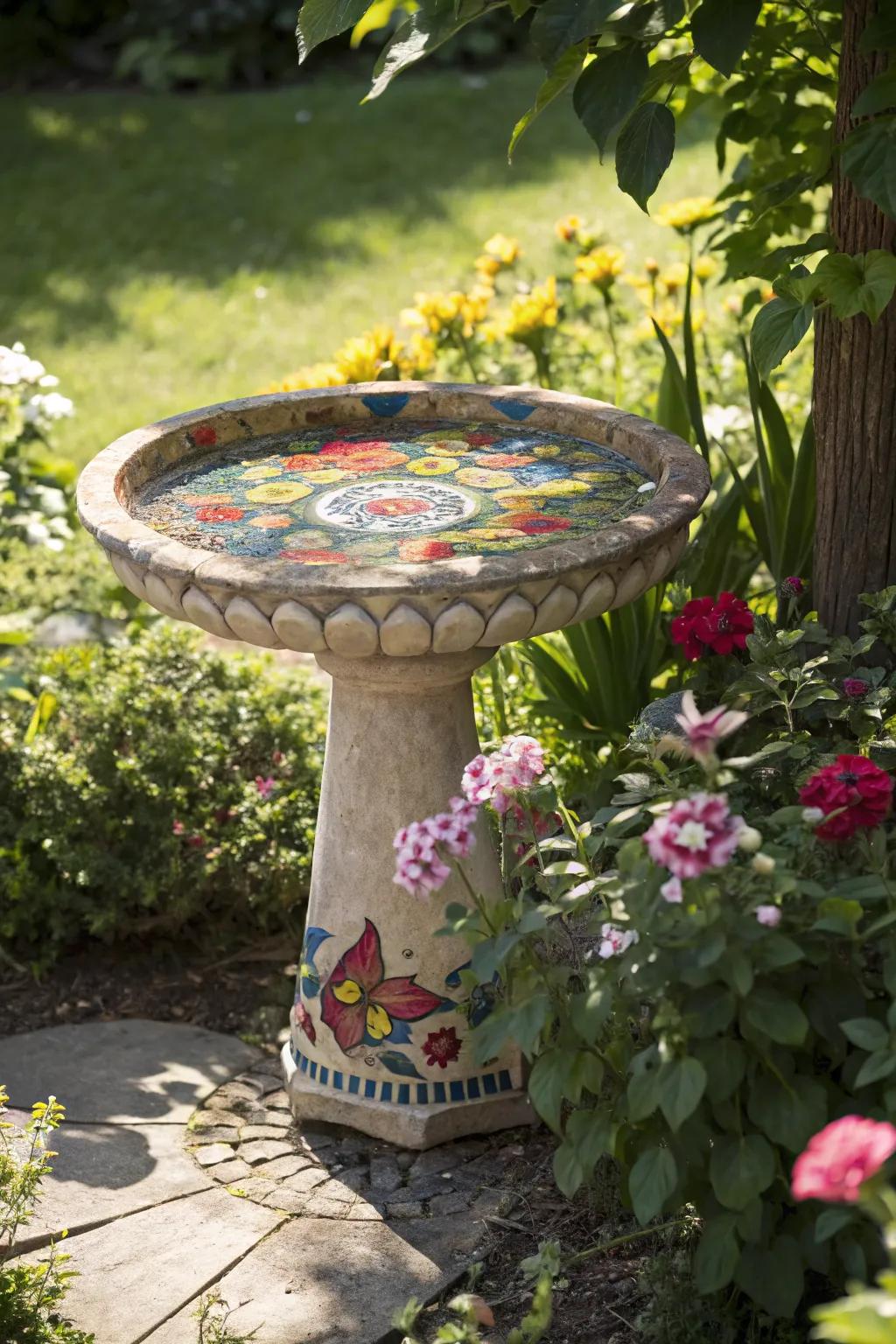 A vibrant mosaic bird bath adds color and creativity.