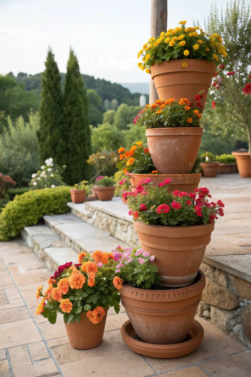 Stack terracotta pots for a classic plant display.