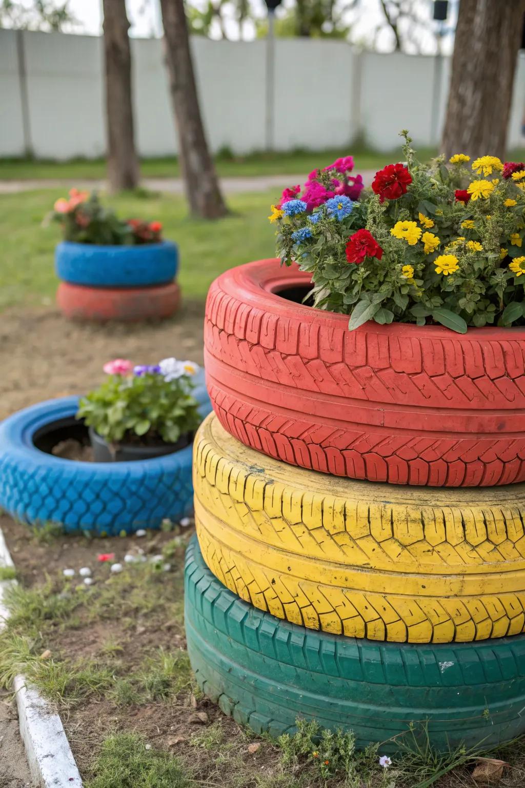 Colorful tire planters add a vibrant touch to any outdoor area.