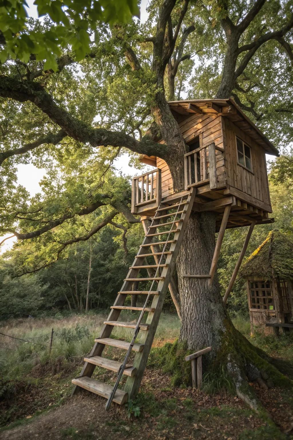 A tree house with easy access via a classic wooden ladder.
