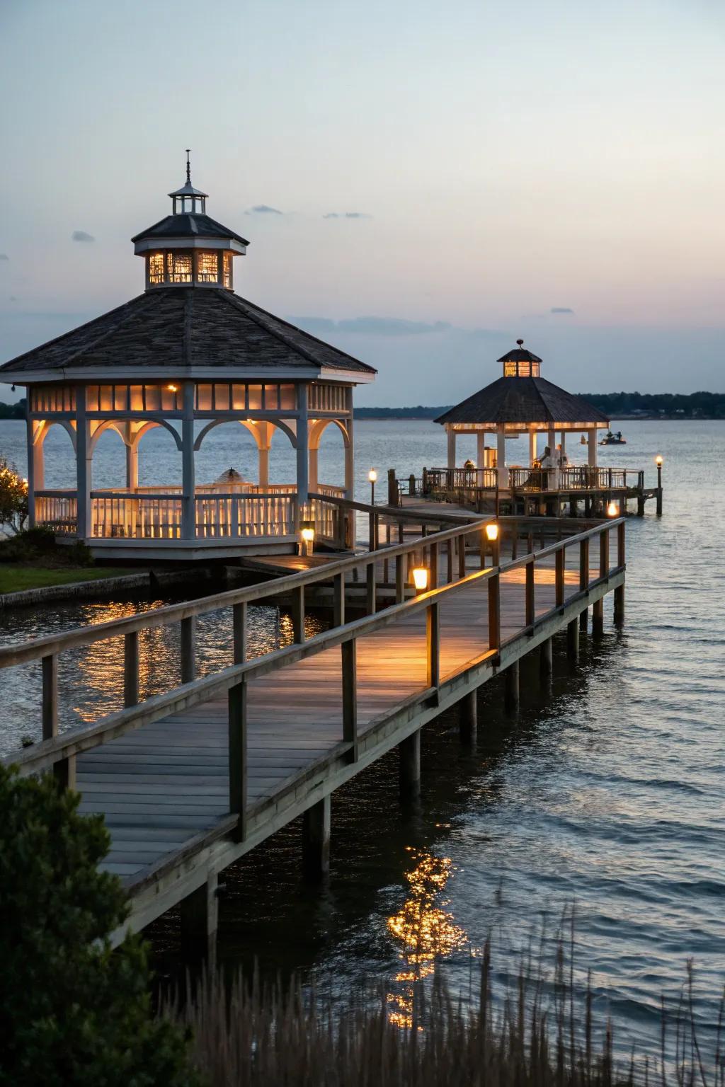 Dockside structures beautifully illuminated to enhance the ambiance.