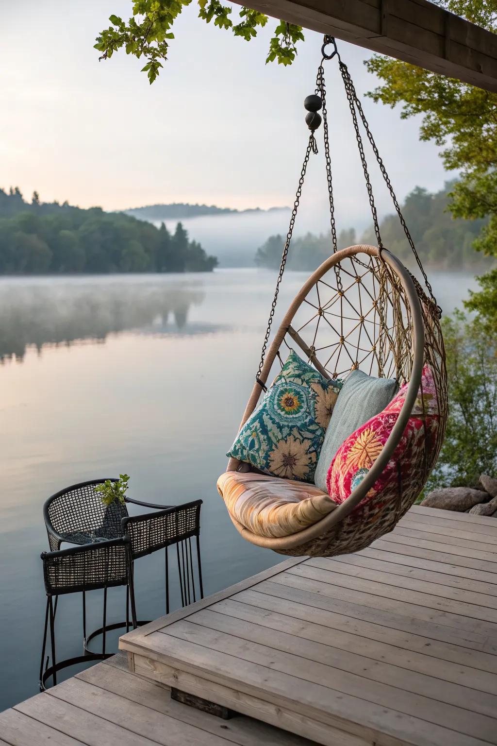 Hammocks and hanging chairs bring playful relaxation to any dock.