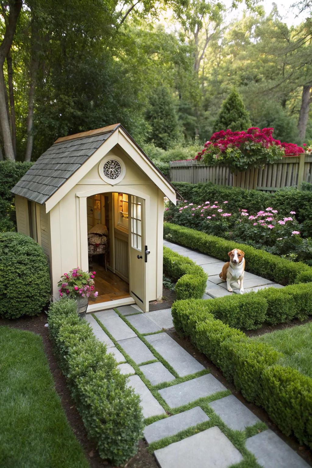 A cozy dog house provides a charming resting spot in a dog run.