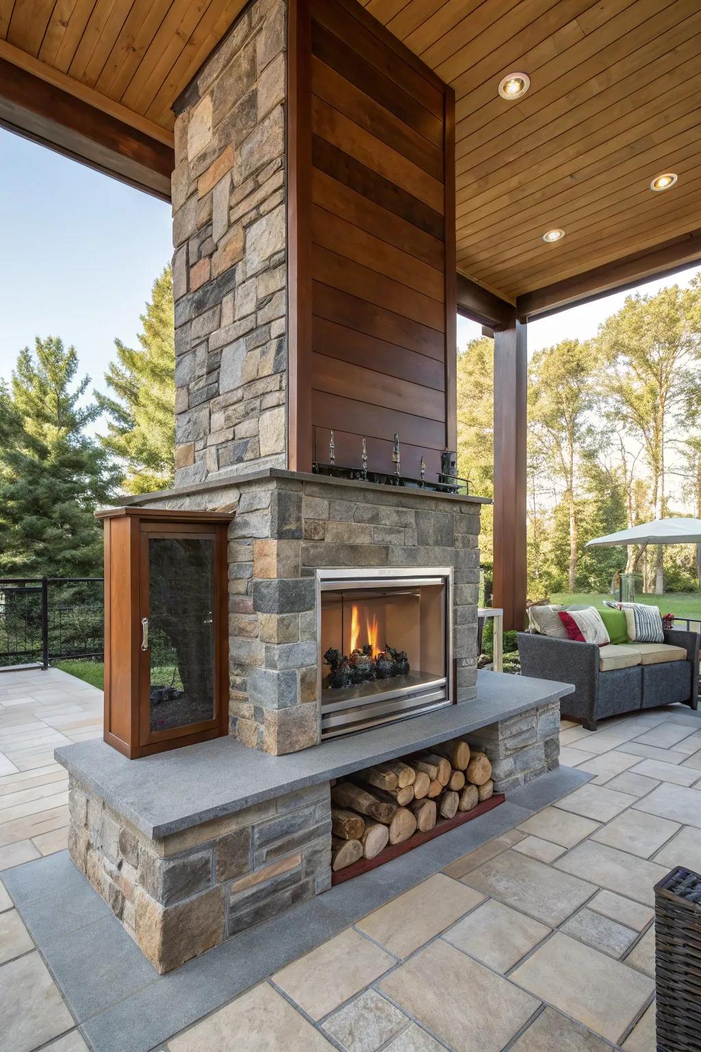 Mix materials for a unique, eclectic fireplace design.