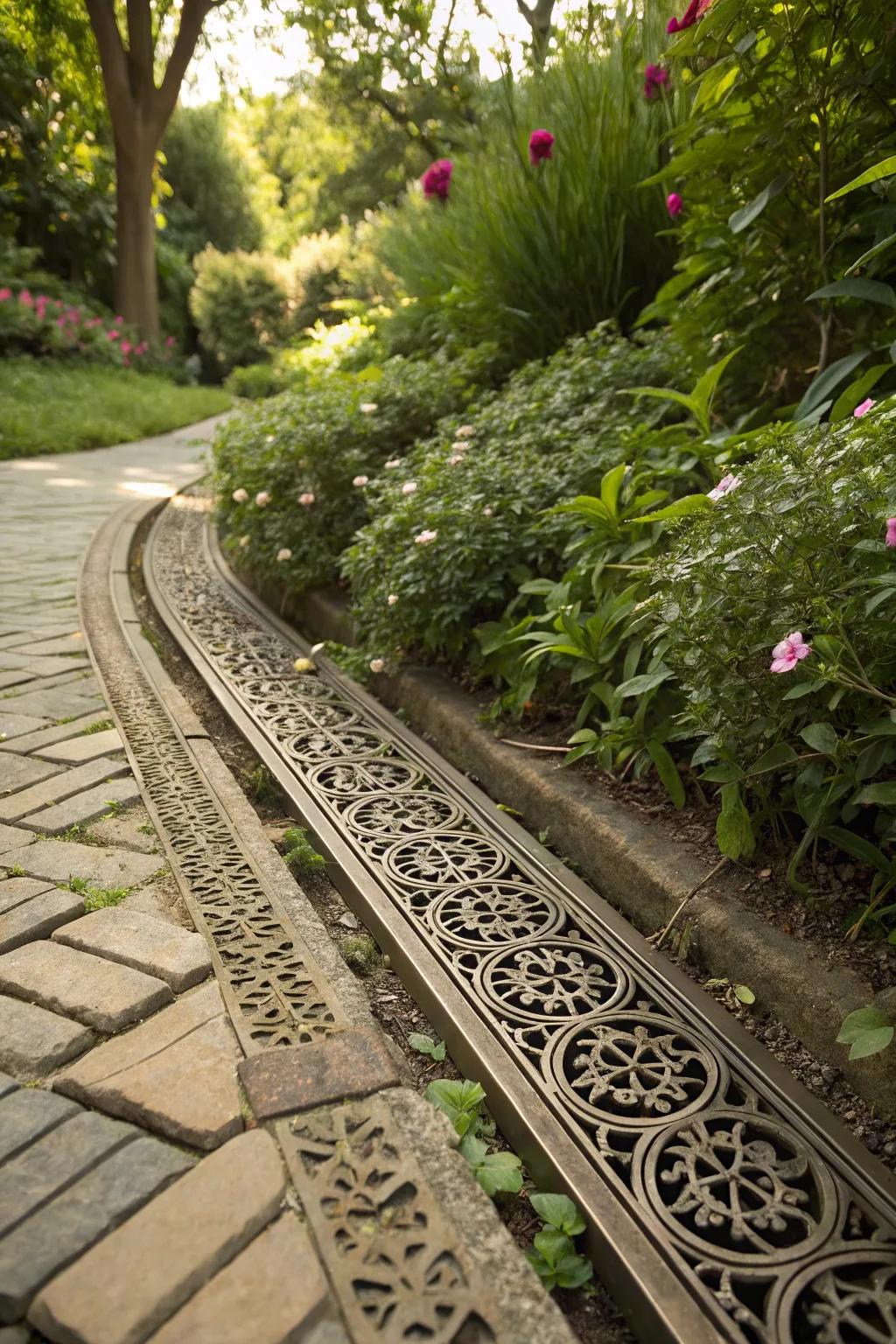 Decorative grates add an artistic flair to outdoor drain covers.