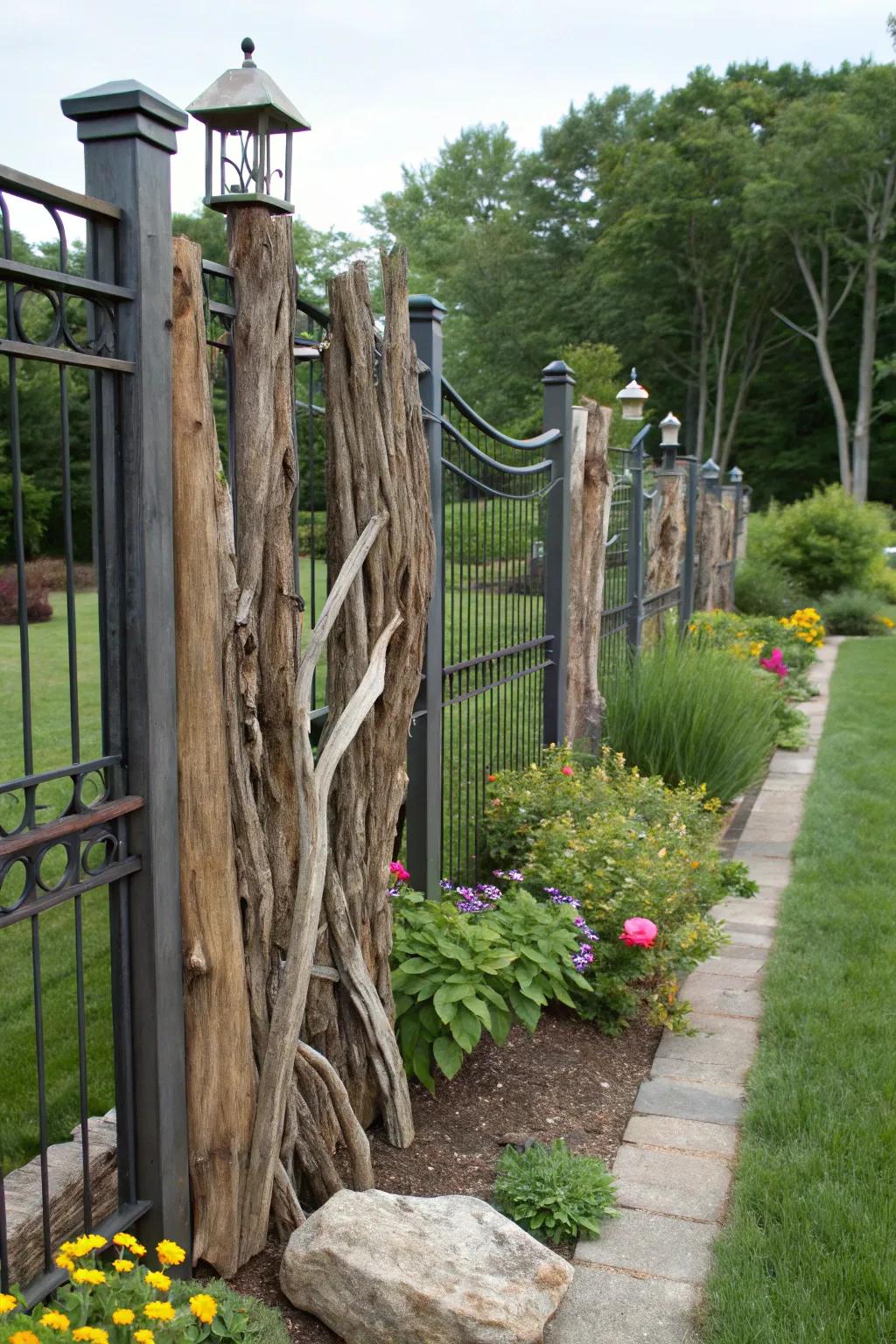 Driftwood and metal combine for a modern fence.