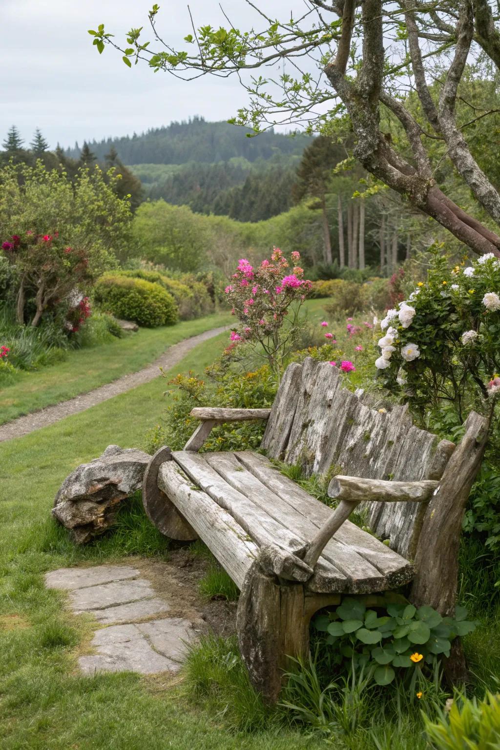 A rustic driftwood bench offering a peaceful garden retreat.