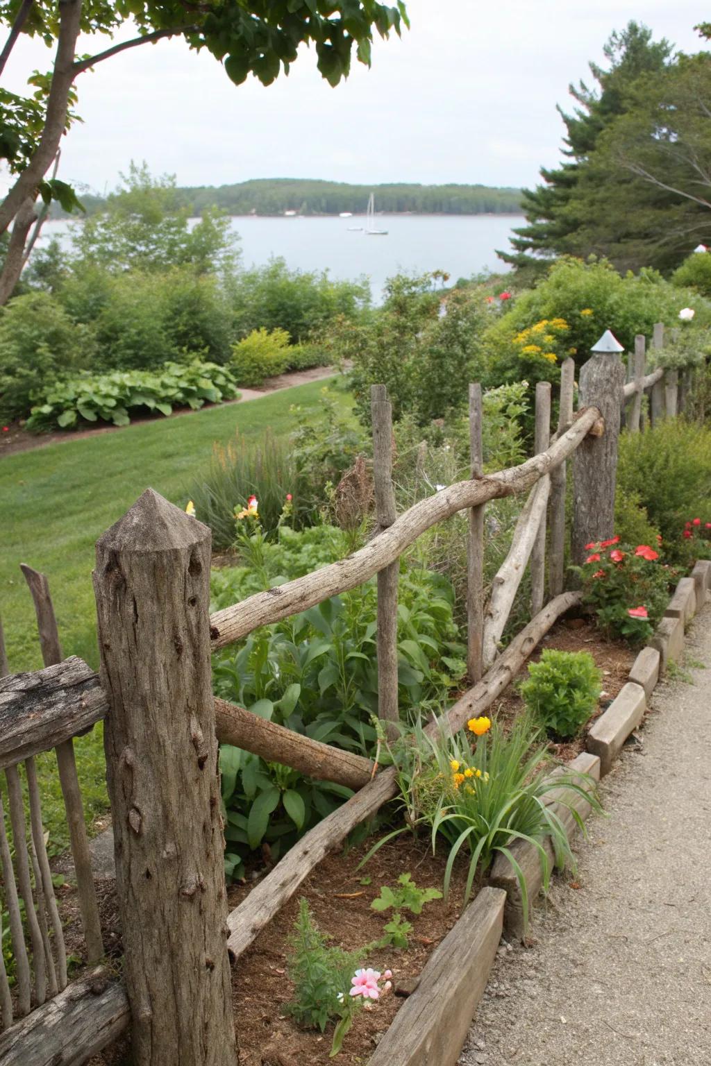 An artistic driftwood fence providing a natural boundary.