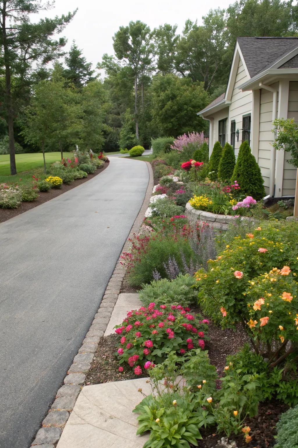 Driveways with integrated landscaping offer a harmonious blend of nature and design.