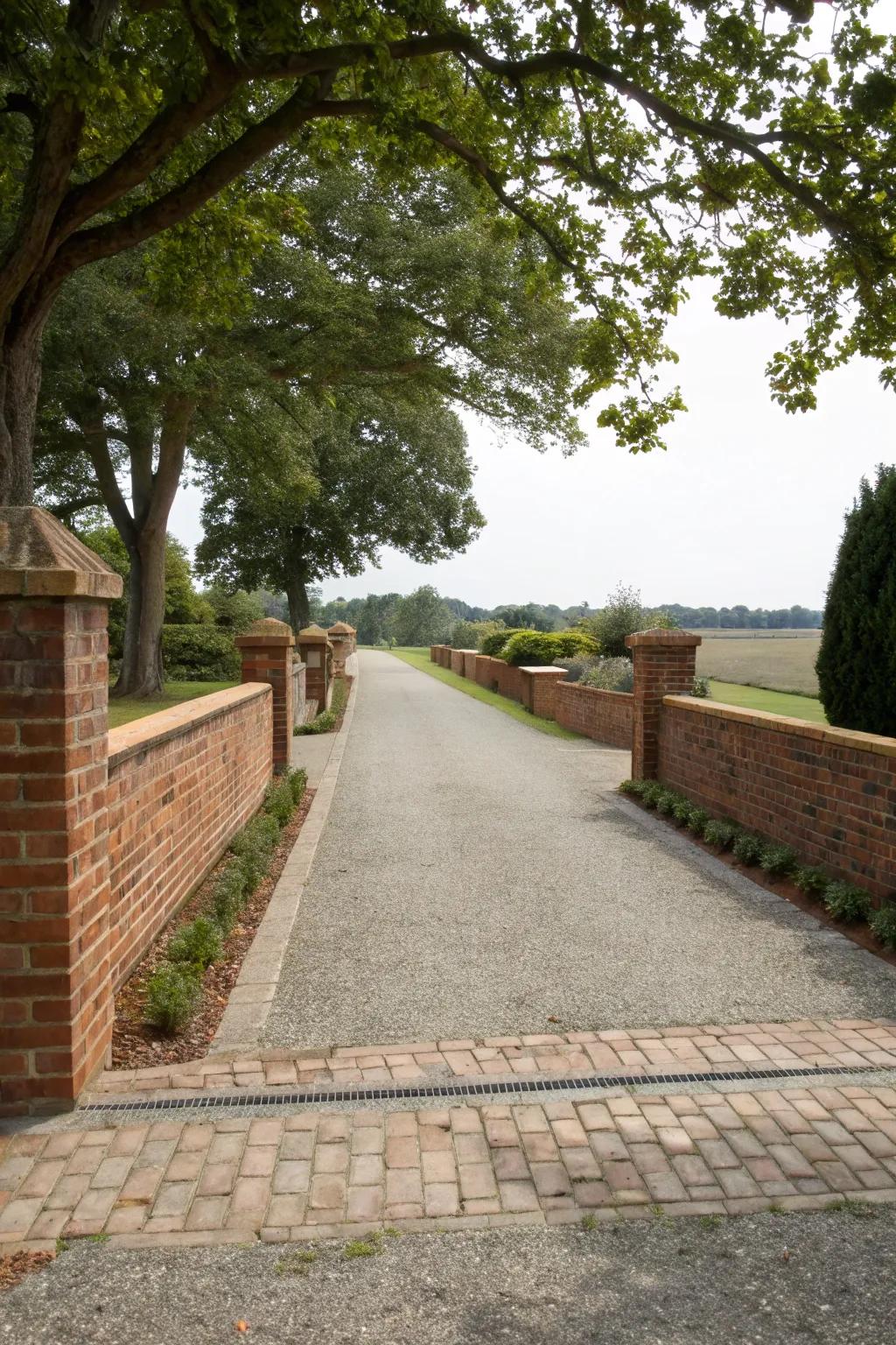 Brick walls provide a neat and organized border for this driveway.