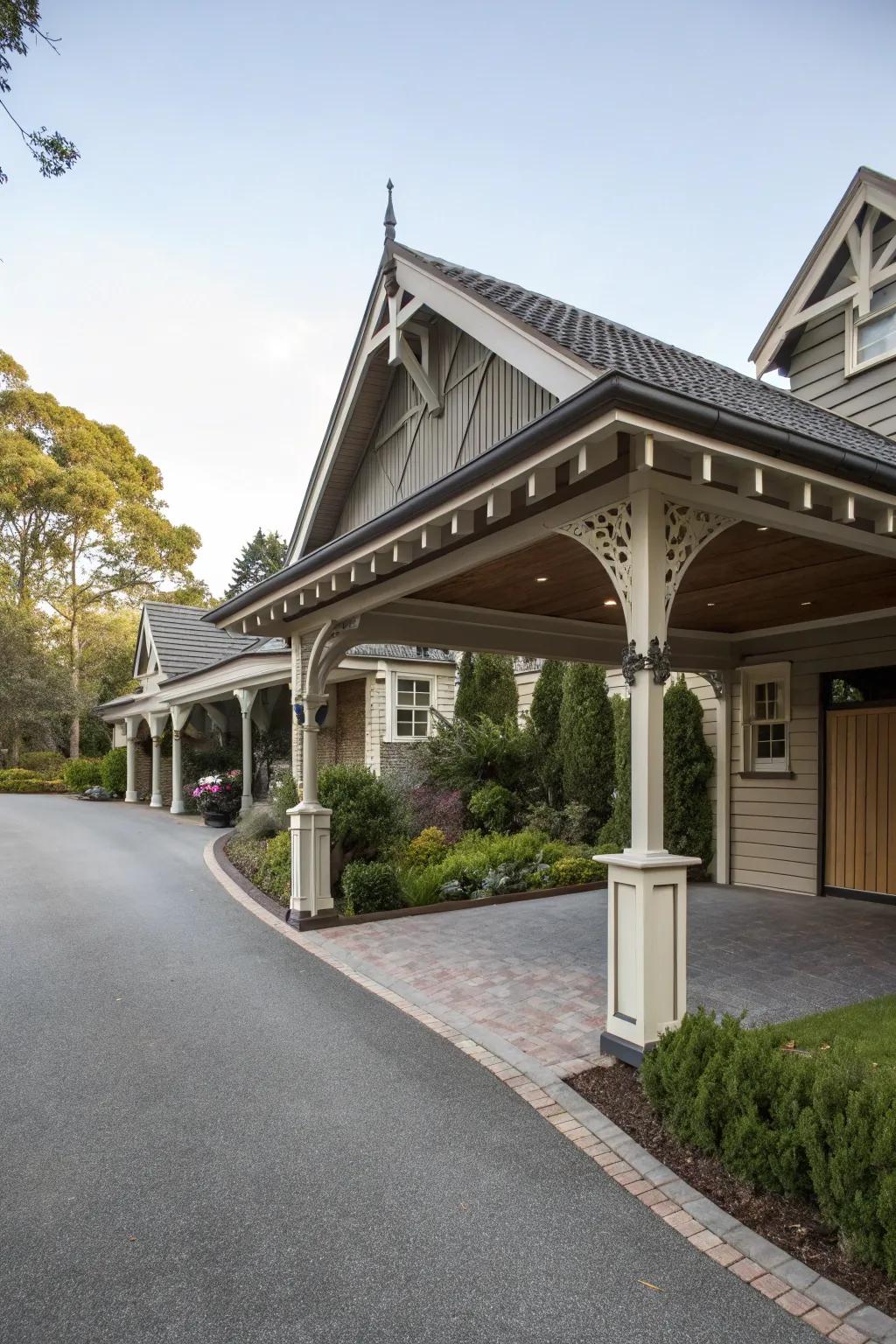 Gable roofs add a touch of traditional elegance to driveway covers.