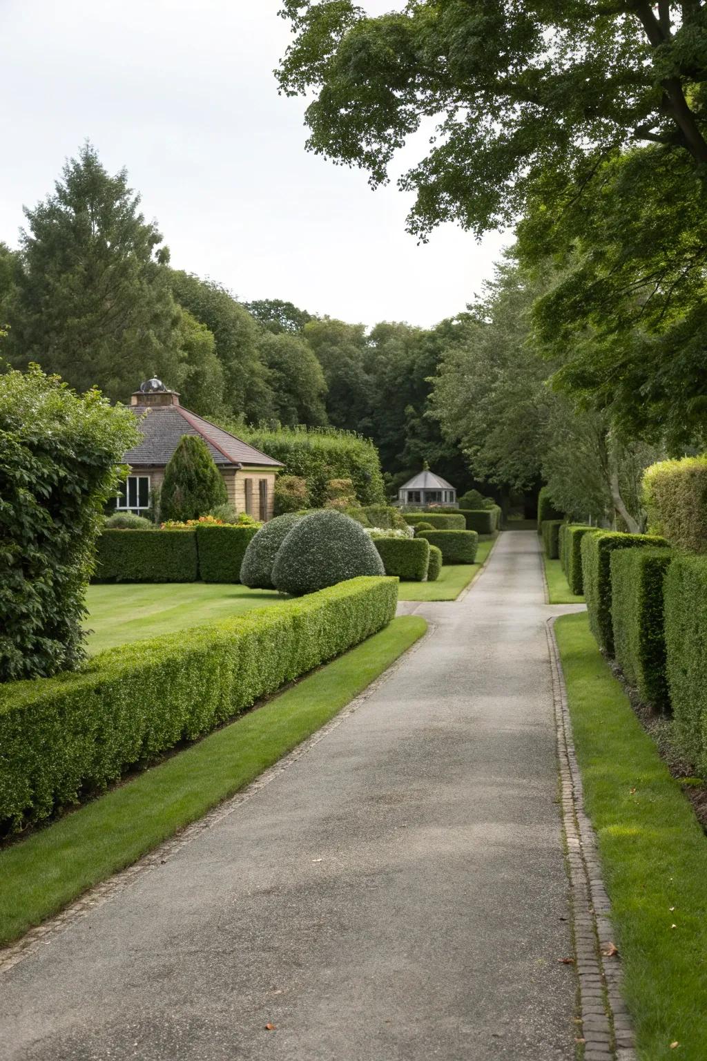 Manicured lawns and hedges provide a neat and structured look.