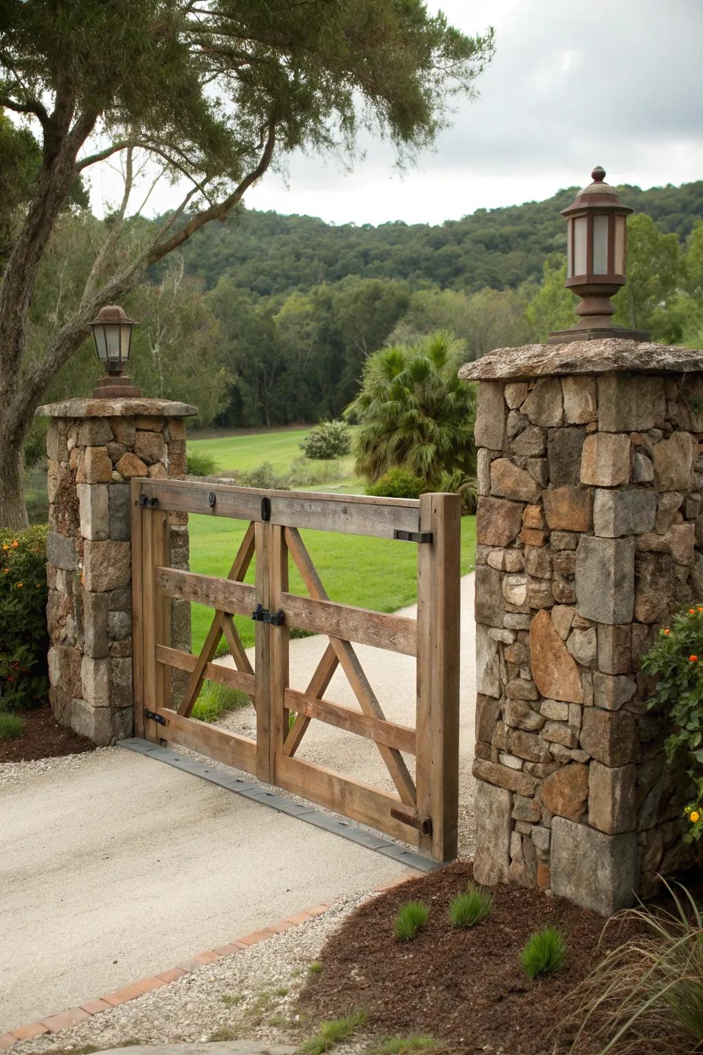Rustic elements create a charming, nature-inspired entrance.