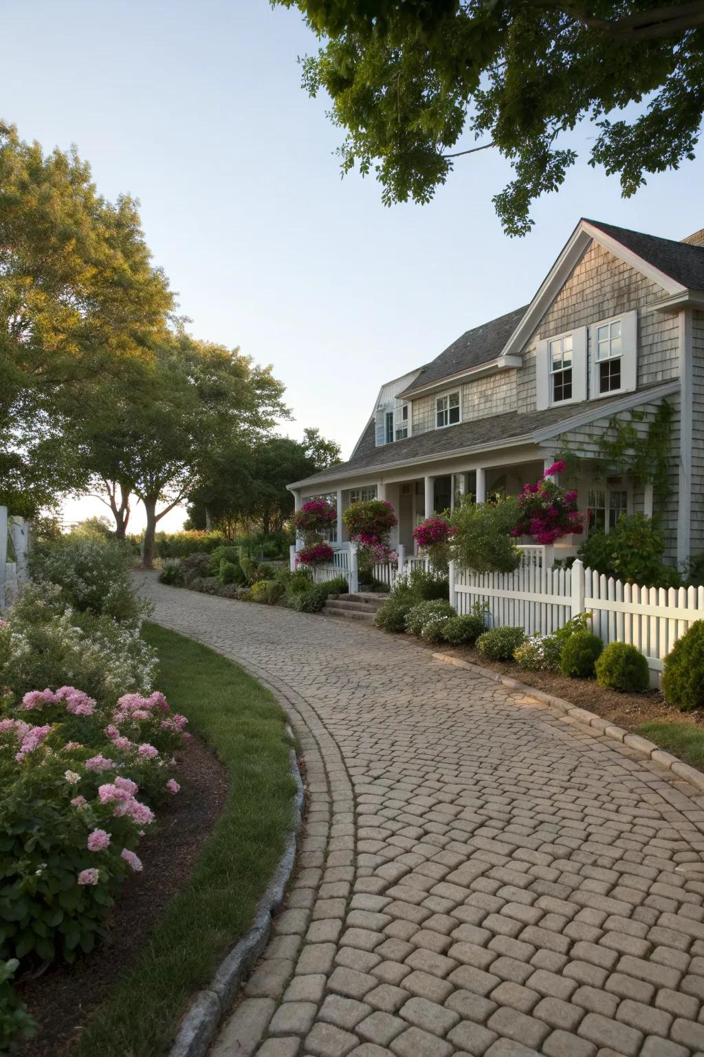 A driveway with rustic cobblestone charm.