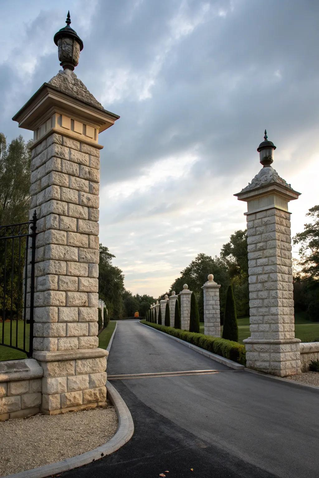 Decorative capstones provide a refined finish to stone pillars.