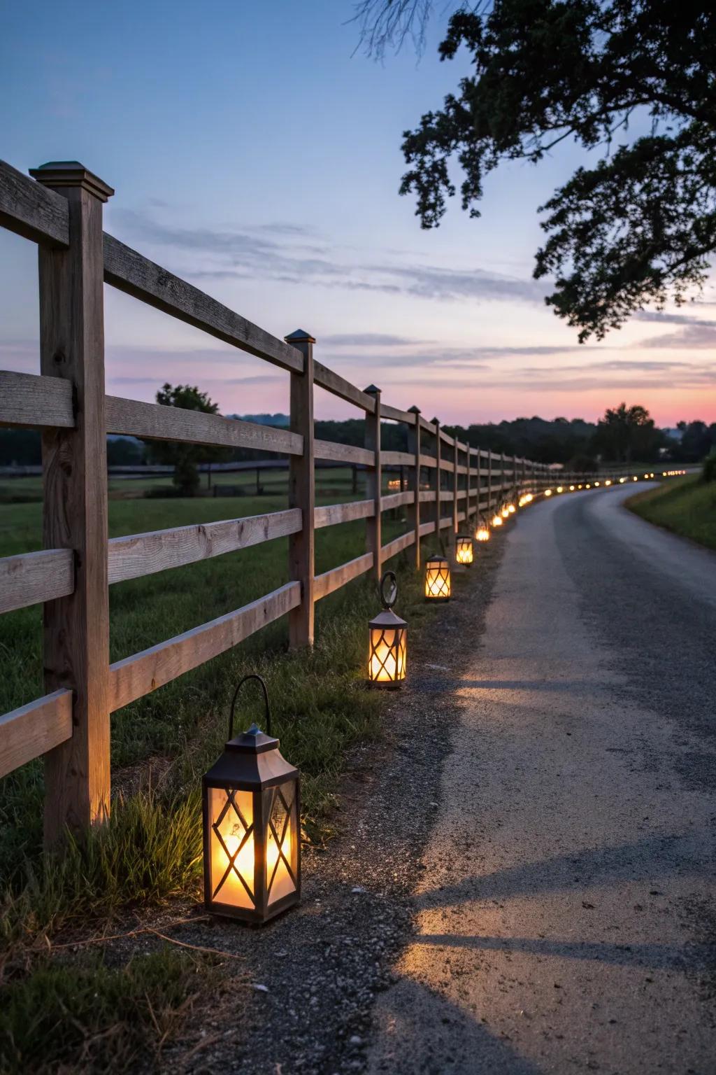 Lanterns on a split rail fence create a warm, inviting glow.