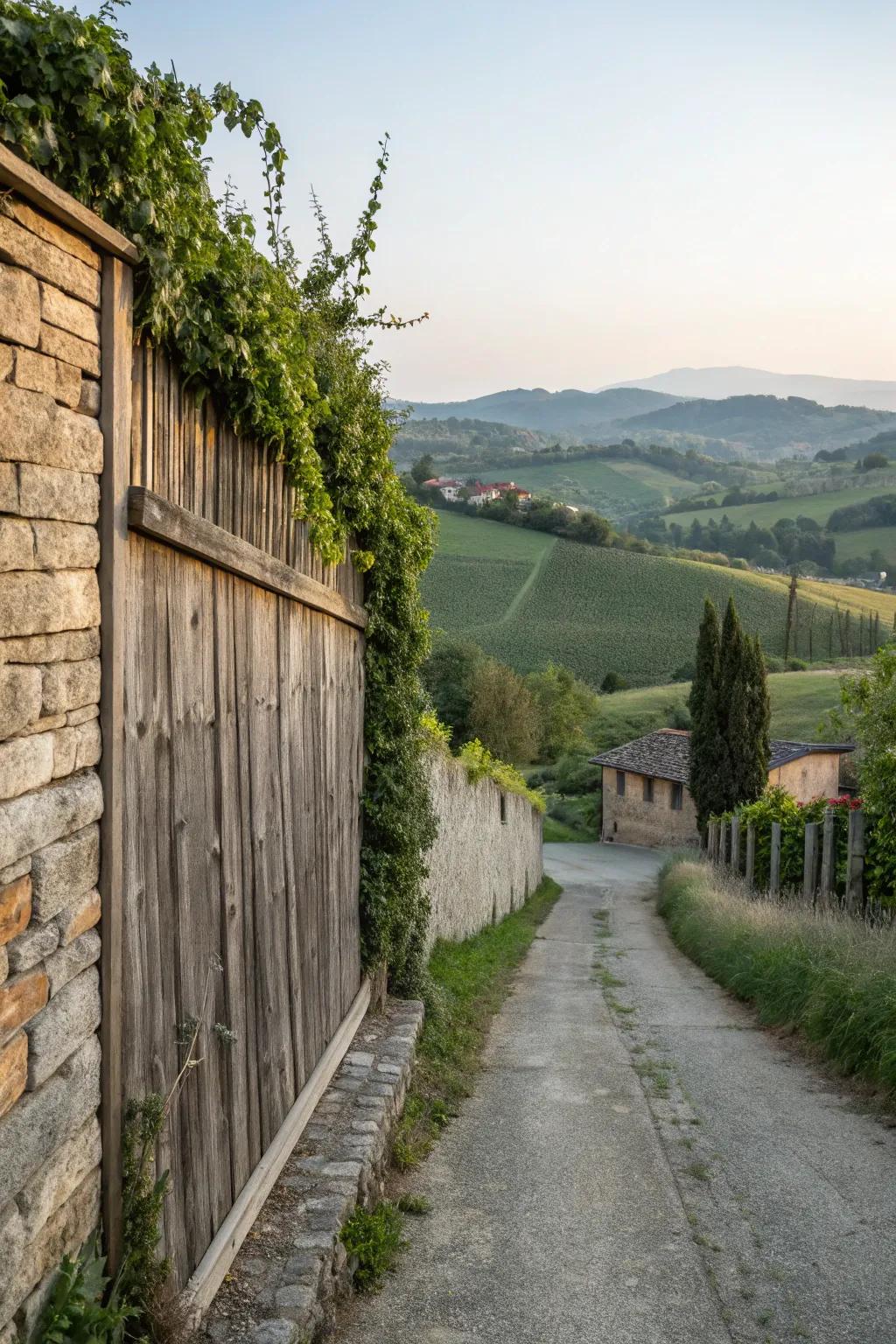 A rustic wooden wall along a country-style driveway.