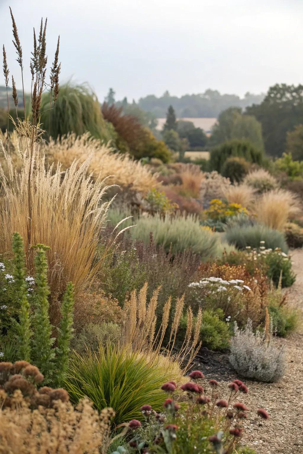 Layered planting adds depth and visual interest to dry landscapes.