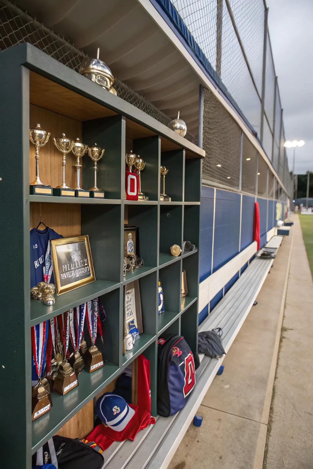 Celebrating achievements with medals in the dugout.