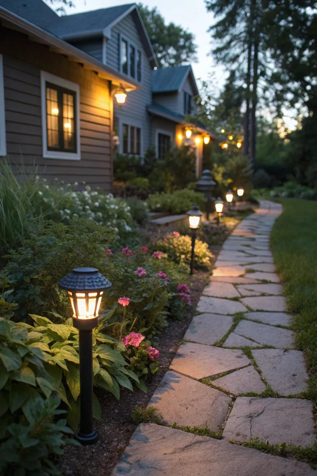 Statement lighting enhances safety and style in duplex gardens.