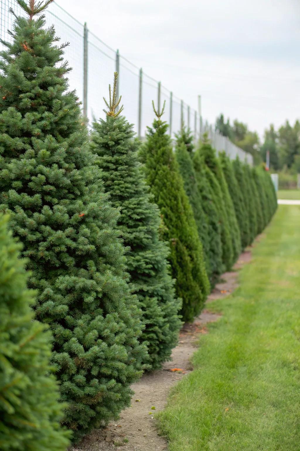 Dwarf Alberta spruce providing a natural privacy barrier.