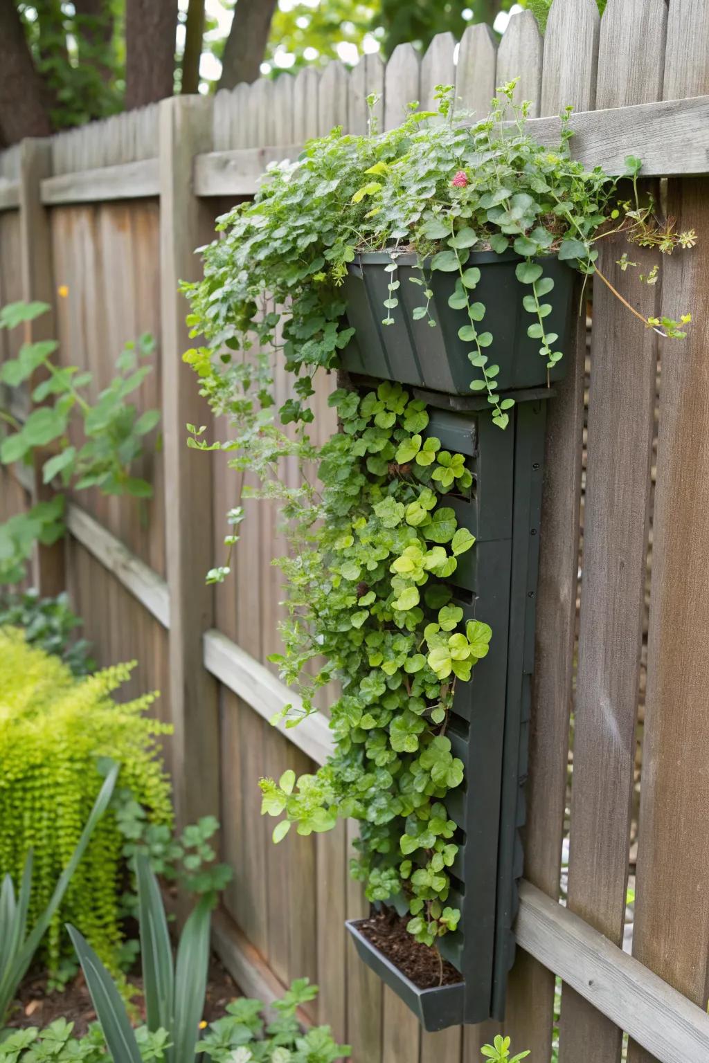 Vertical garden with a cascade of creeping Jenny and ivy for lush appeal.