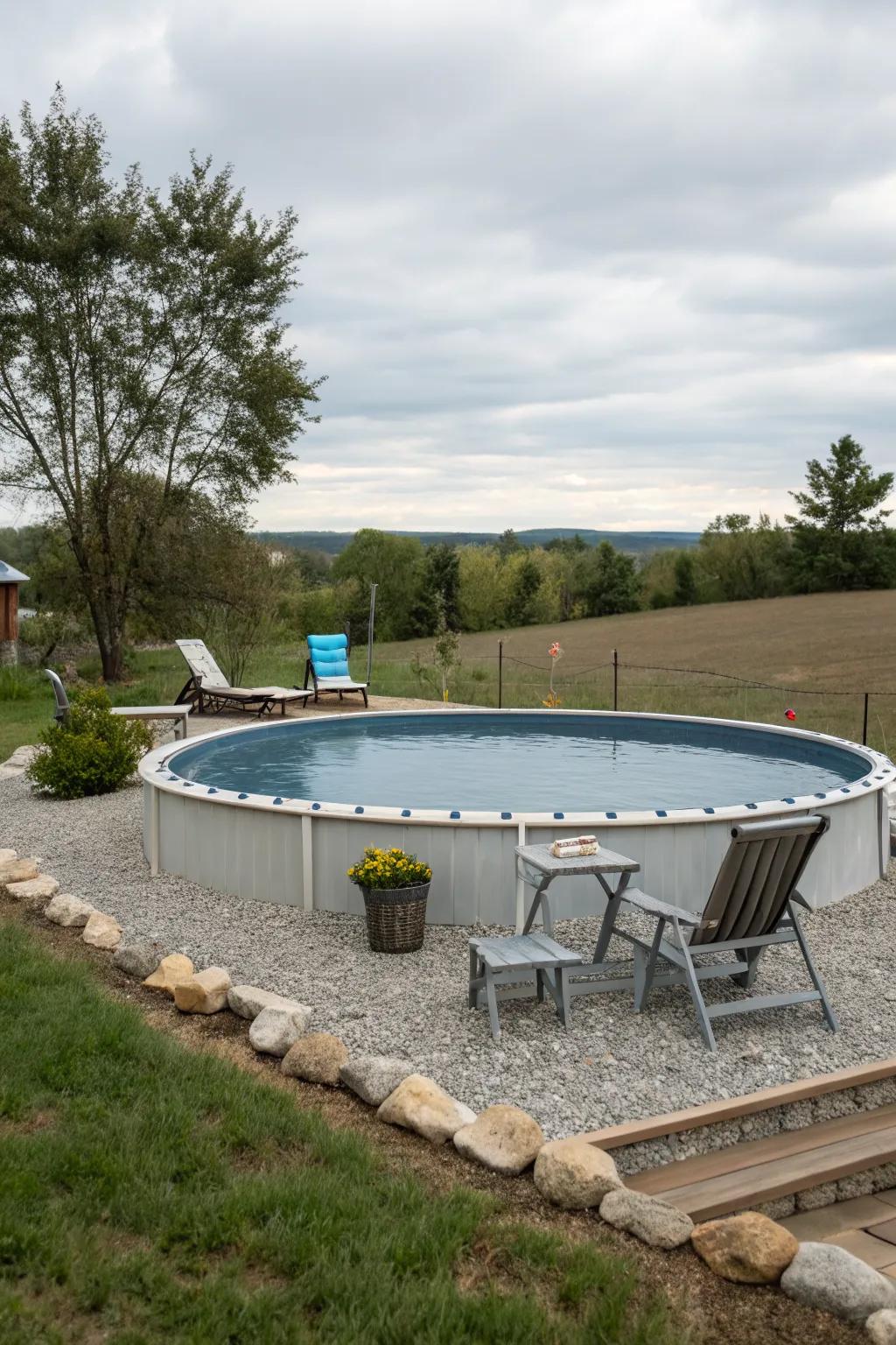 Gravel borders offer a budget-friendly yet chic poolside look.