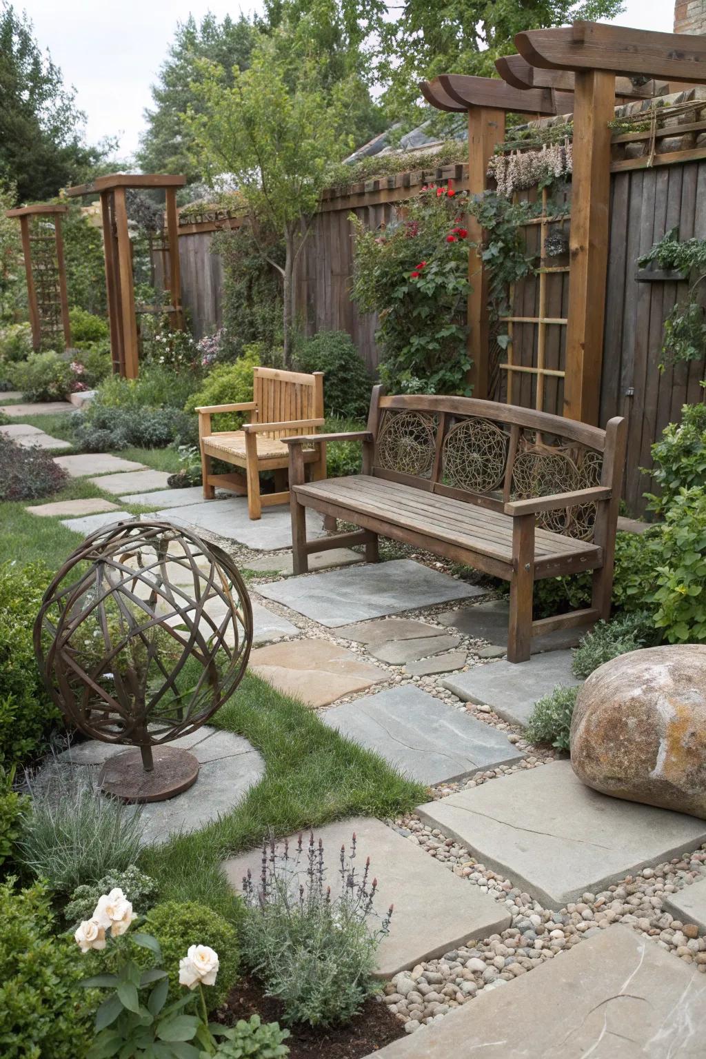 A harmonious blend of textures with wood, stone, and metal in the garden.