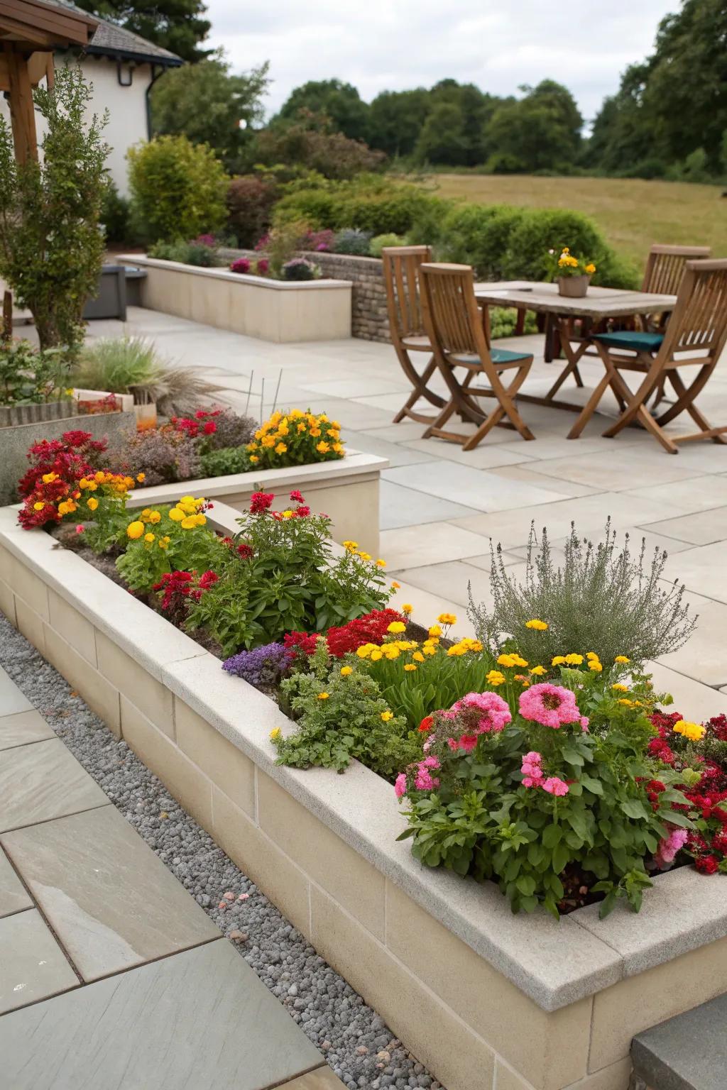 A vibrant patio edged with raised plant beds, bursting with colorful blooms.