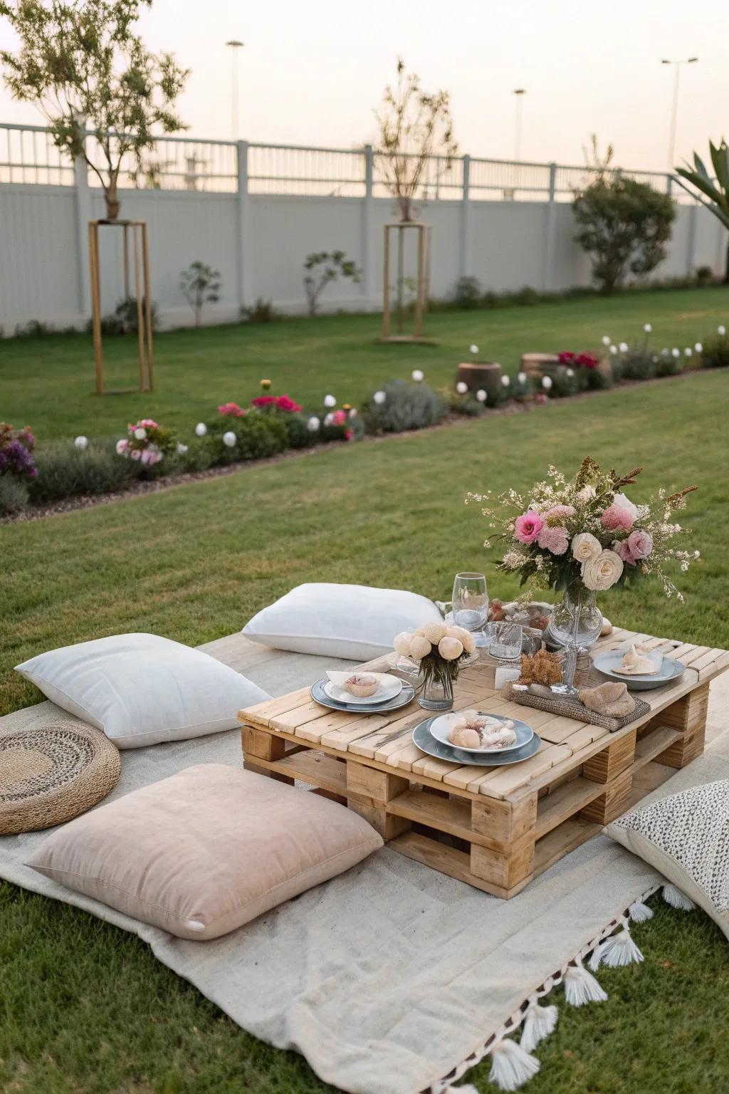 A picnic-style setup adds a casual elegance to your gathering.