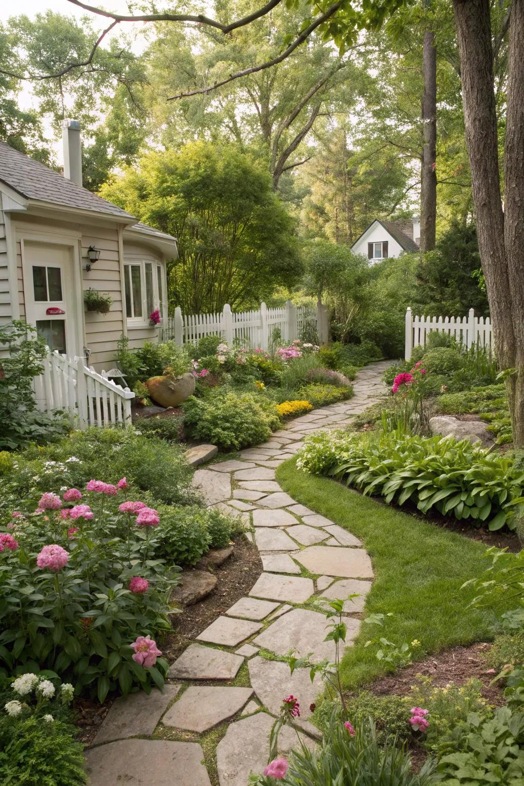 Charming stone pathways in the backyard, inviting exploration.