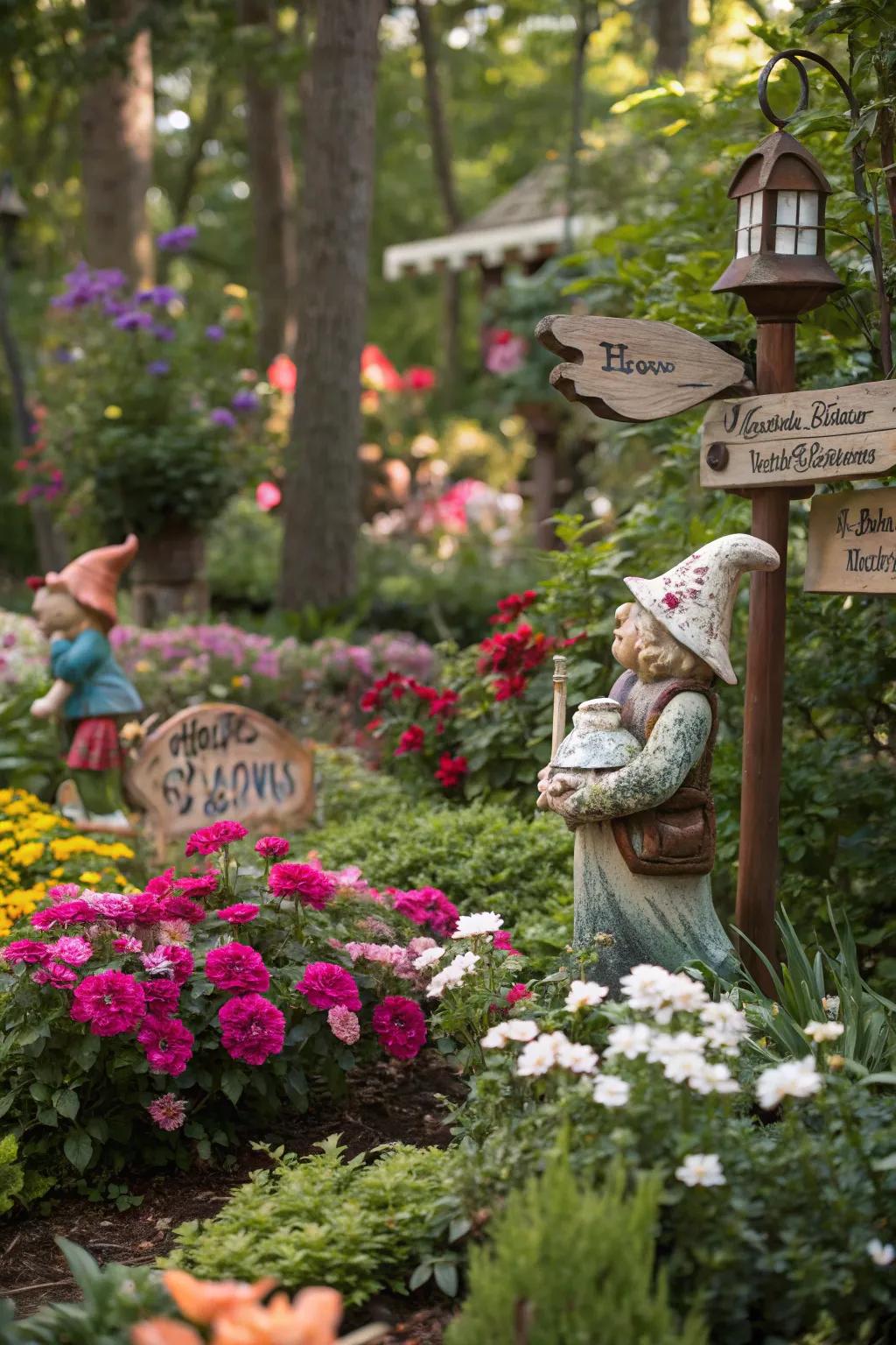 Whimsical accents add playful charm to the garden.