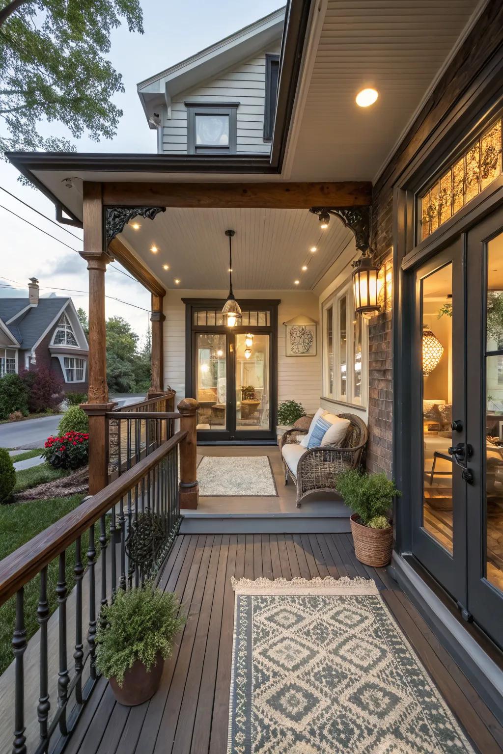 A fusion of traditional and modern styles creates a unique porch.