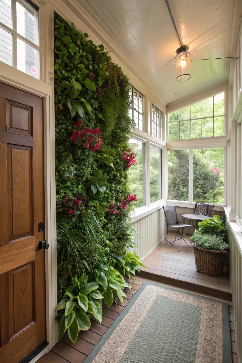 A small enclosed porch showcasing a lush vertical garden wall.