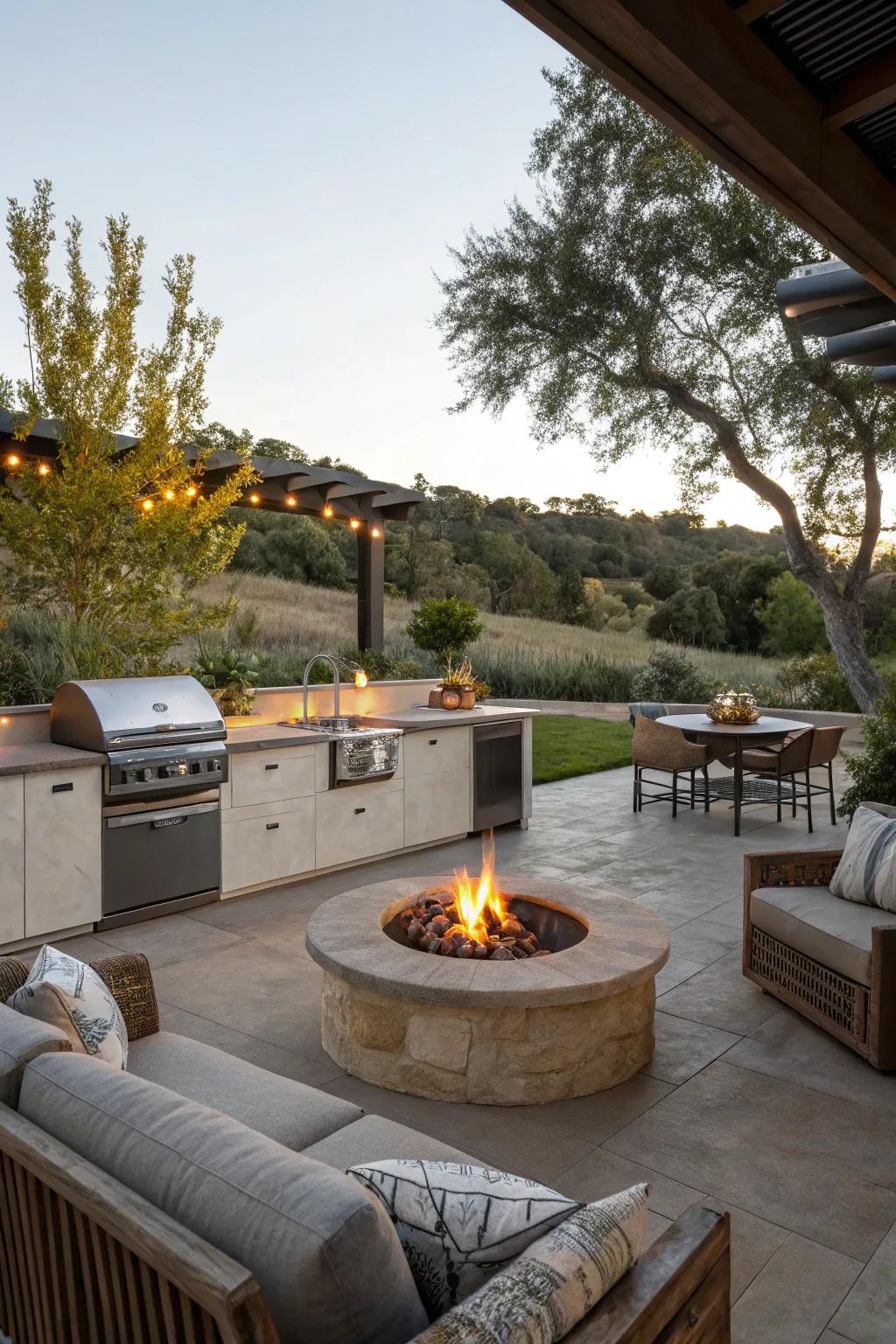 A cozy fire pit serves as the focal point of this outdoor kitchen.