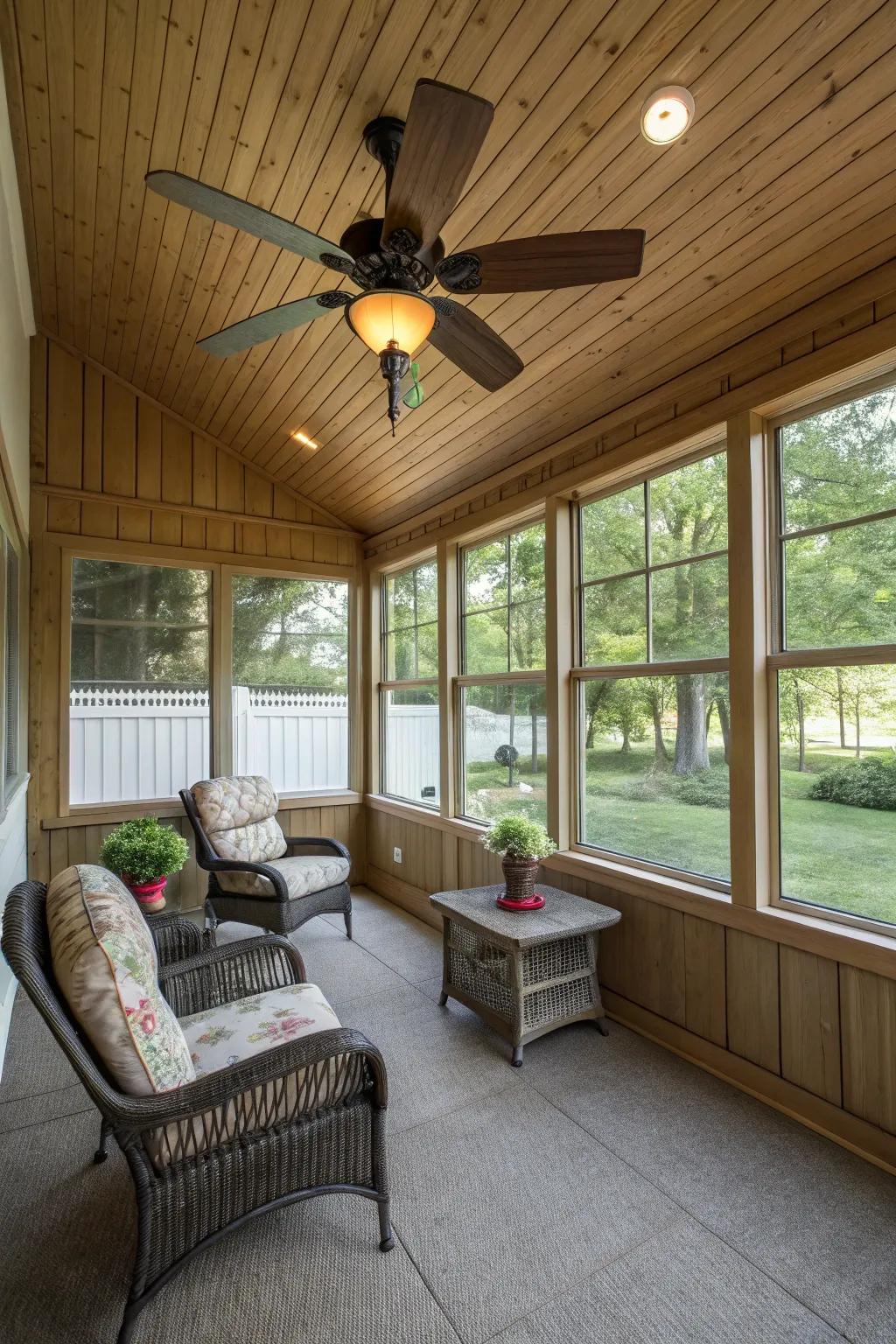 Ceiling fans keep your enclosed porch cool and comfortable.