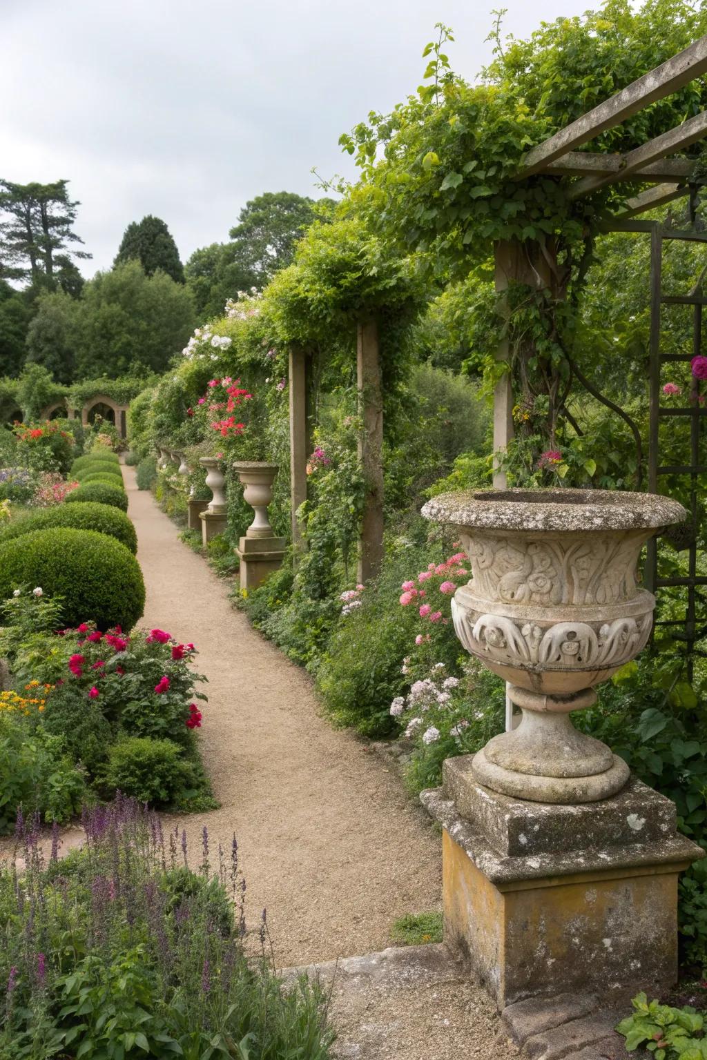 Elegant urns and trellises add a vertical dimension to the garden.