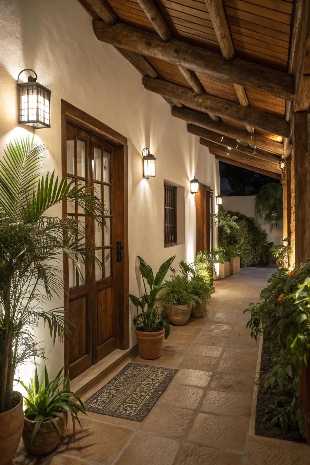 Bring warmth to your entrance with natural elements and soft lighting.