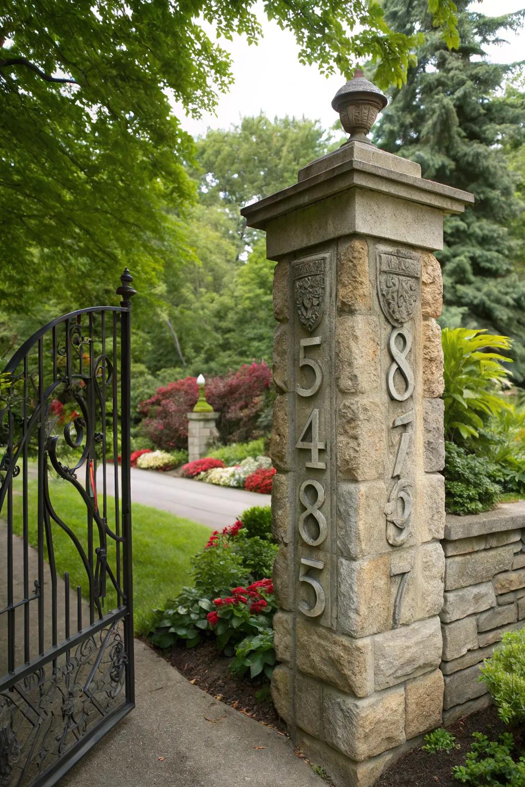House number elegantly carved into a stone pillar, surrounded by lush greenery.