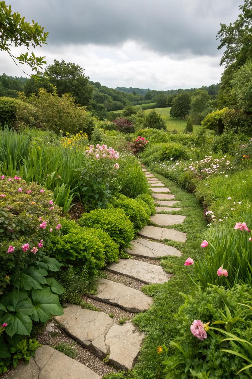 A charming garden path with stepping stones, preventing soil erosion.